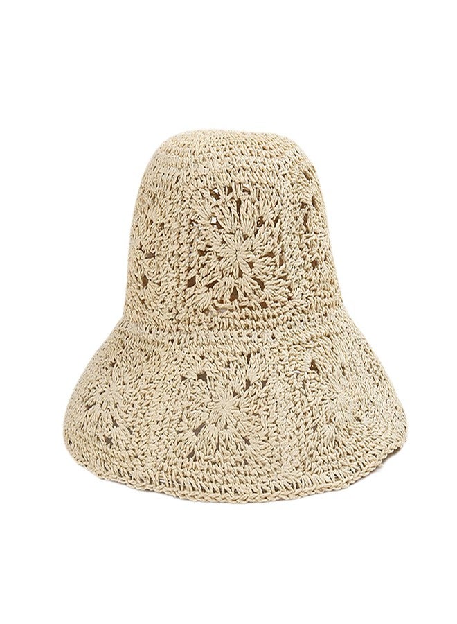 Sumleno Women Straw Sun Hat Floral Woven Crochet Bucket Hat Y2k Aesthetic Accessories Beach Hat Hand Woven Boho Foldable Cap (Beige,One Size) - Image 1